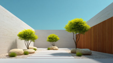 A serene zen garden showcases a minimalist design with lush green trees, smooth stones, and a vibrant blue sky, creating a peaceful outdoor retreat for relaxation.の素材