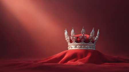 A stunning silver crown rests atop rich red velvet, illuminated by soft light. This image captures the essence of royalty and elegance, perfect for luxurious themes.の素材