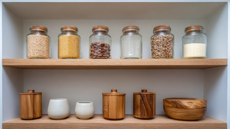 A beautifully organized kitchen shelf featuring glass jars filled with various ingredients, complemented by wooden containers, creating a clean and minimalist culinary aesthetic.の素材