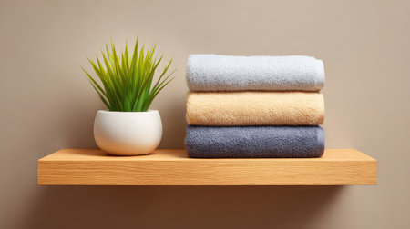 A serene bathroom scene featuring neatly stacked soft towels on a wooden shelf, complemented by a stylish potted green plant, creating a calm and inviting atmosphere.の素材
