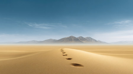 A stunning desert scene showcases a set of footprints in the soft golden sand, leading to distant mountains under a serene blue sky, evoking feelings of solitude and exploration.の素材
