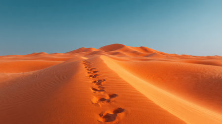 A serene desert scene featuring footprints in golden sand, illustrating the beauty of nature and the feeling of exploration under a vast blue sky.の素材