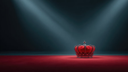 A striking red crown rests elegantly on a rich velvet surface, illuminated by dramatic spotlights in a dark setting, symbolizing power, royalty, and opulence.の素材