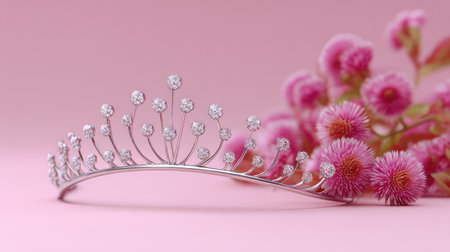 This stunning silver tiara features beautiful sparkling crystals and is elegantly displayed alongside vibrant pink flowers against a soft pink background, ideal for celebrations and special occasions.の素材