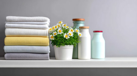 This image showcases a neatly arranged shelf featuring colorful towels, a potted green plant with flowers, and decorative bottles, creating a fresh, calming atmosphere for any living space.の素材