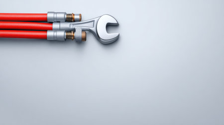 A close-up of red hoses connected to a metallic wrench on a gray surface, ideal for illustrating plumbing maintenance, repair projects, and home improvement services.の素材