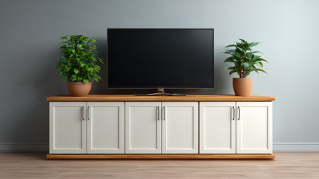 A stylish living room setup featuring a sleek TV cabinet with two indoor plants, creating a serene and inviting atmosphere perfect for modern home decor.の素材