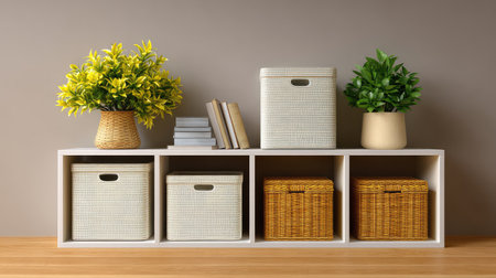 A beautifully arranged shelf in a cozy living room setting, featuring stylish storage baskets, greenery, and books, creating a warm and inviting atmosphere for any home.の素材