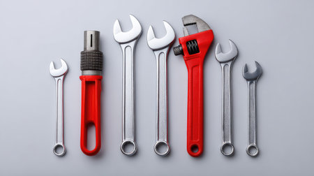 An organized collection of hand tools displayed against a light grey backdrop, showcasing wrenches, an adjustable wrench, and a tool holder, ideal for repair and maintenance projects.の素材