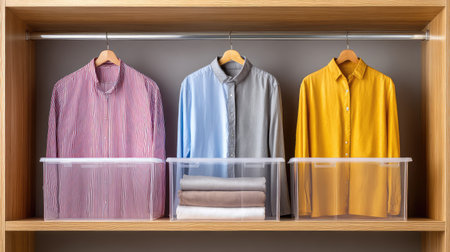 A well-organized closet featuring a colorful assortment of shirts on hangers above transparent storage bins filled with neatly folded clothes, promoting a tidy living environment.の素材