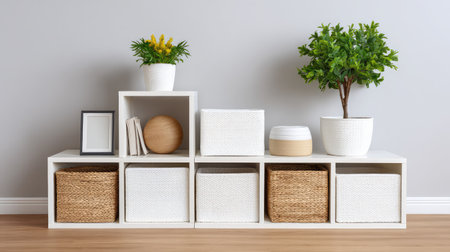 A modern storage unit showcases decorative plants and stylish baskets, enhancing any living space with a blend of organization and aesthetic appeal in a contemporary home setting.の素材