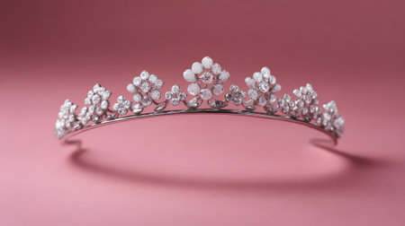 Beautiful silver tiara featuring a delicate floral design adorned with sparkling gemstones, set against a lovely pink backdrop, perfect for capturing elegance and style.の素材