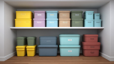 A vibrant display of neatly organized plastic storage bins on shelves emphasizes a practical approach to home organization and decor, perfect for any living area.の素材