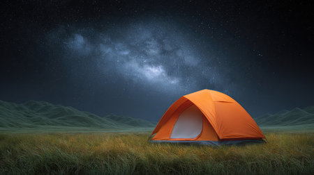 An idyllic camping scene showcasing a bright orange tent under a stunning, star-filled night sky, with the Milky Way illuminating the serene landscape and rolling hills.の素材