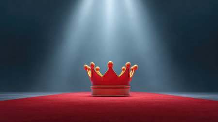 A stunning red crown sits prominently on a red carpet, illuminated by dramatic spotlight. This image evokes themes of royalty, elegance, and celebration in a luxurious setting.の素材
