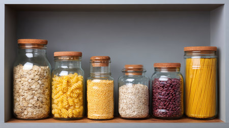 A stylish display of assorted glass jars filled with dried food items like pasta, oats, and beans, creating an organized and inviting kitchen atmosphere.の素材