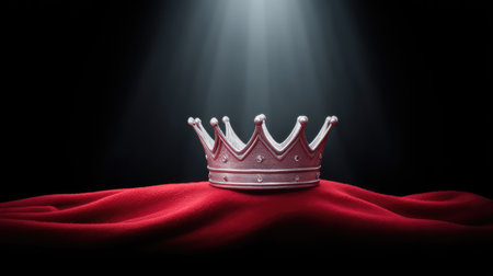 A beautifully crafted crown sitting atop luxurious red fabric illuminated by soft light, evoking feelings of power and elegance in a dark and striking environment.の素材