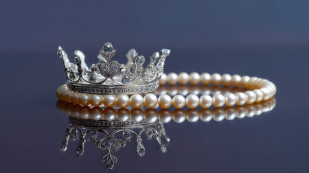 This captivating image features a silver crown artistically crafted with intricate details, paired beautifully with a string of shimmering pearls on a reflective surface.の素材