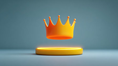 A stunning yellow crown hovers above a circular base against a soft backdrop, symbolizing honor and success in a modern and elegant artistic presentation.の素材
