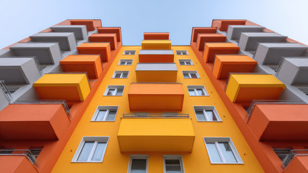 A striking view of a modern multifamily residential building showcases an eye-catching colorful faの素材