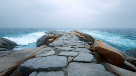 A stunning coastal pathway made of stones leads to a beautiful ocean view, surrounded by smooth rocks and gentle waves under a soft, cloudy sky, evoking tranquility and exploration.の素材
