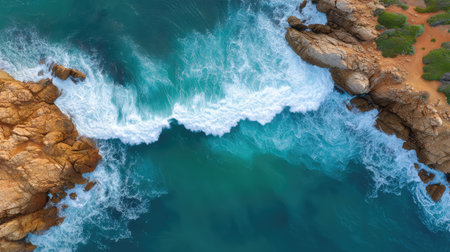 Captivating aerial shot showcasing ocean waves crashing against rugged rocks, inviting a sense of peace and power in natureの素材