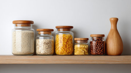 Elegant kitchen shelf displays various glass jars with wooden lids, perfect for organizing ingredients and enhancing home decor in a minimalist setting.の素材