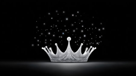 A stunning silver crown embellished with sparkling gems and surrounded by delicate stars, set against a deep black background, conveying themes of luxury, elegance, and royalty.の素材