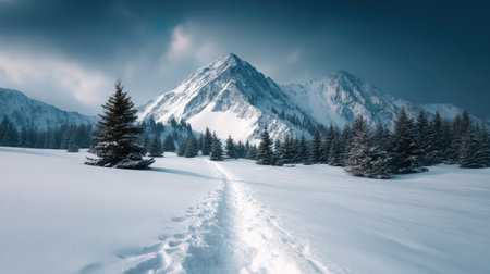 A tranquil winter scene featuring a snow-covered pathway that leads to majestic mountain peaks, surrounded by tall trees, creating a beautiful and serene landscape in the wilderness.の素材