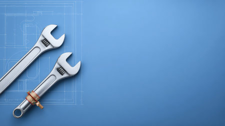 This image features two adjustable wrenches on a blue background, complemented by a technical blueprint, showcasing the intersection of tools and engineering design.の素材