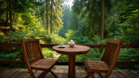 Enjoy a tranquil outdoor tea setting with a wooden table and chairs surrounded by lush greenery, creating a perfect escape into nature for relaxation and refreshment.の素材