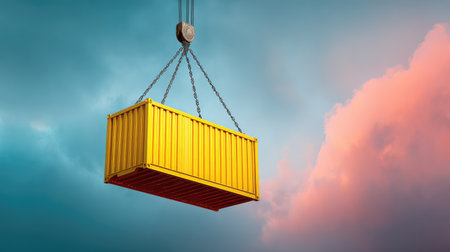 A striking yellow cargo container is lifted by a crane against a beautifully colored sky, showcasing the dynamic nature of shipping and logistics in today's world.の素材