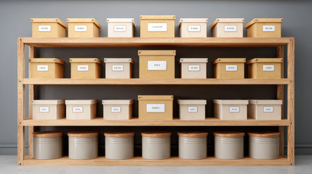 A beautifully arranged wooden shelf featuring labeled storage boxes and containers, ideal for enhancing organization in home or office settings, promoting a tidy and stylish environment.の素材