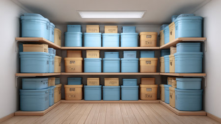A visually appealing storage room with blue and yellow containers arranged neatly on wooden shelves, showcasing an efficient and minimalist approach to organization and interior design.の素材