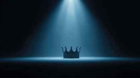 A striking crown sits alone under a beam of light, creating a captivating contrast against darkness, evoking feelings of power, elegance, and royalty in an artistic composition.の素材