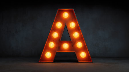 A striking vintage illuminated letter A featuring warm glowing bulbs, set against a textured dark backdrop. Ideal for creative projects, signage, and artistic displays.の素材
