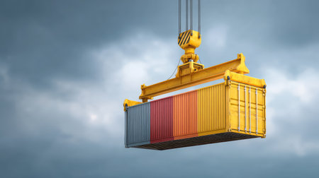 A vividly colored shipping container hangs from a crane against a moody sky, representing the essence of global trade and the complex logistics involved in transportation.の素材