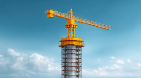A vibrant construction crane dominates the skyline, representing progress and the dynamism of urban development against a backdrop of clear blue sky and fluffy clouds.の素材