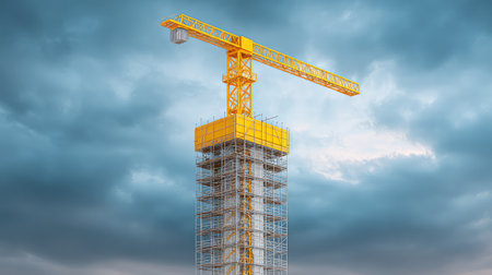 A vibrant yellow crane stands prominently atop scaffolding, highlighting the industrious nature of construction amid an evolving urban skyline under a dramatic sky.の素材