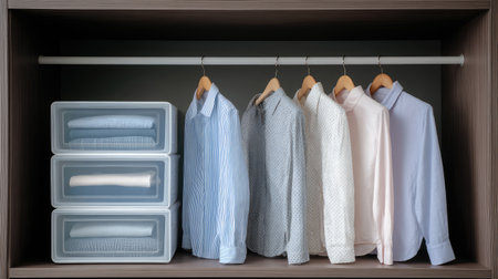 A stylish wardrobe featuring neatly hung shirts alongside organized storage bins, promoting an aesthetic and efficient clothing arrangement in modern home decor.の素材