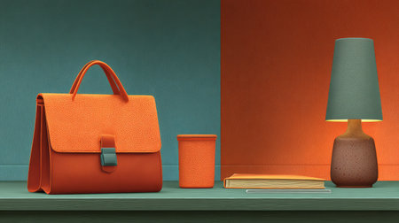 A fashionable orange handbag and cup alongside a stylish lamp showcase a creative workspace with bold colors and modern design elements, perfect for inspiration.の素材