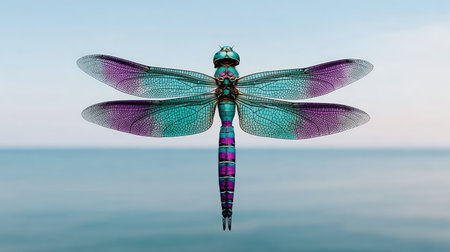 A stunning dragonfly with vivid iridescent wings hovers elegantly in front of a calm ocean backdrop, showcasing the intricate details of its vibrant coloring and natural beauty.の素材