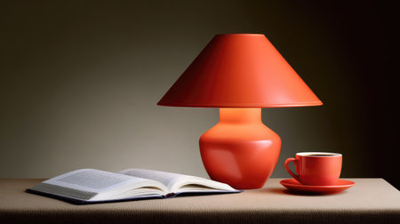 Captivating still life featuring an orange lamp, open book, and a cup on a textured table, creating a warm and inviting ambiance perfect for relaxation and reading.の素材