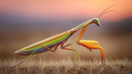 A stunning macro shot of a colorful praying mantis standing on grass during sunset, emphasizing its vibrant colors and intricate patterns in a peaceful setting.の素材