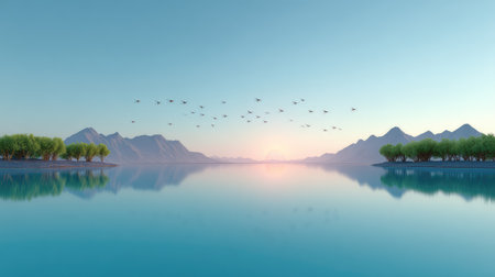 A breathtaking view featuring a tranquil lake surrounded by lush trees and majestic mountains, enhanced by a flock of birds soaring in a clear sky at sunrise.の素材