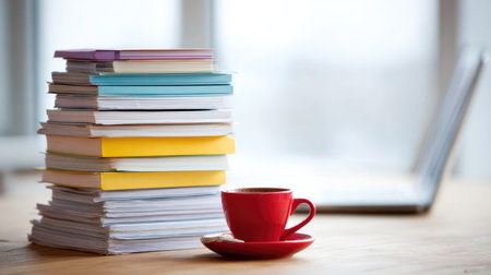 A vibrant cozy workspace showcases a colorful stack of documents beside a red coffee cup on a wooden table, perfectly complementing a laptop in a sunlit setting.の素材