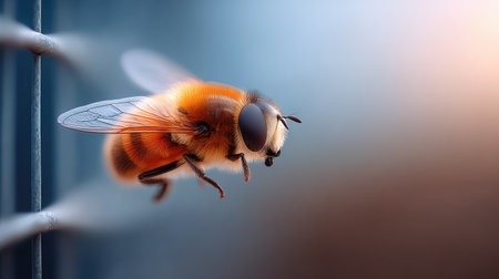 This stunning close-up image of a honeybee in mid-flight highlights its vibrant orange body and delicate wings, perfect for nature lovers and photography enthusiasts alike.の素材
