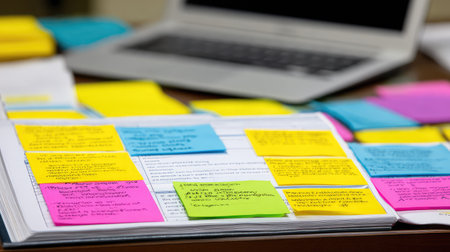 A vibrant scene showcasing sticky notes placed on documents with a laptop in the background, exemplifying organization and creativity in a productive workspace.の素材