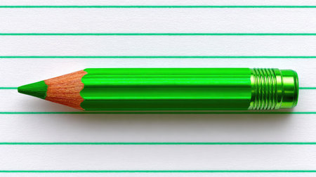 This image features a vibrant green colored pencil resting on lined paper. Perfect for themes in art, education, and creativity, it highlights unique tools for expression.の素材