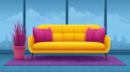 A vibrant living room showcases a bright yellow couch with pink cushions, complemented by a potted plant. A stylish backdrop with large windows offers a refreshing urban view.の素材
